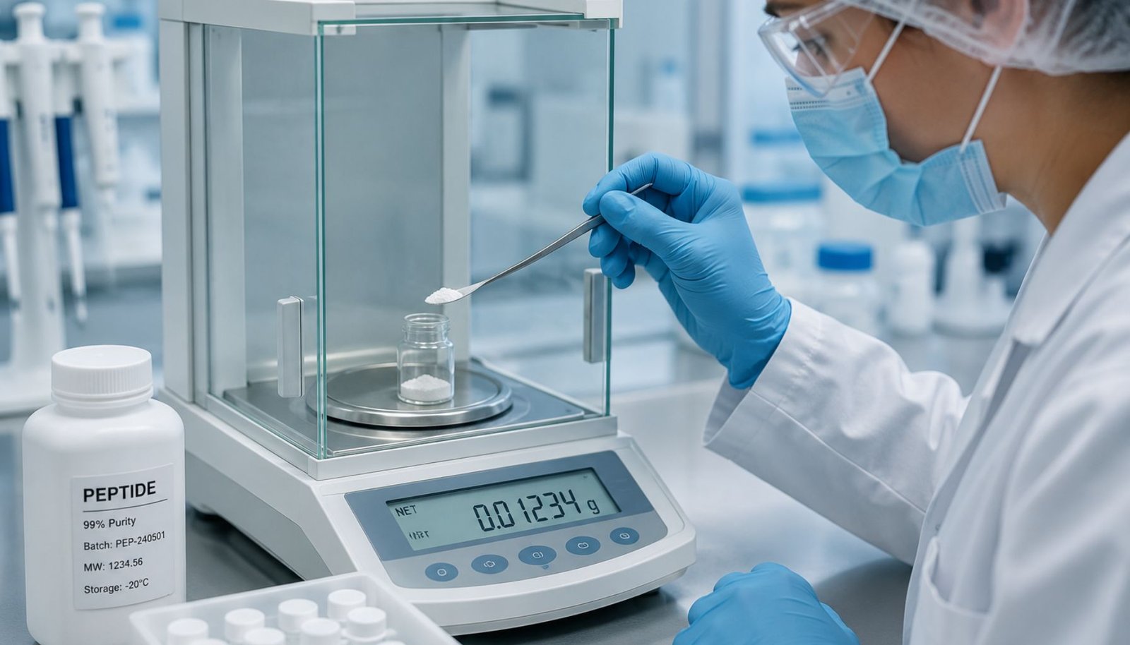 Precision weighing of research peptides in the ISO-certified lab behind peptideonline.eu