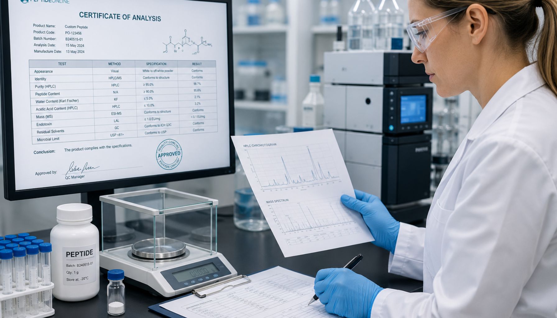 Quality control and COA review at the ISO-certified lab behind peptideonline.eu